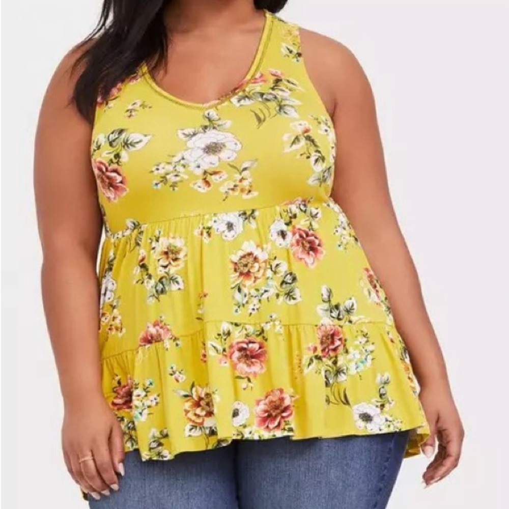 Torrid Yellow Floral Supersoft Tiered Babydoll Tank - Torrid Size 3 (22-24, 3X) - Picture 3 of 16